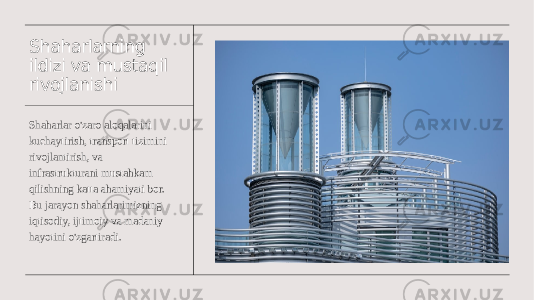 Shaharlarning ildizi va mustaqil rivojlanishi Shaharlar o&#39;zaro aloqalarini kuchaytirish, transport tizimini rivojlantirish, va infrastrukturani mustahkam qilishning katta ahamiyati bor. Bu jarayon shaharlarimizning iqtisodiy, ijtimoiy va madaniy hayotini o&#39;zgartiradi. 