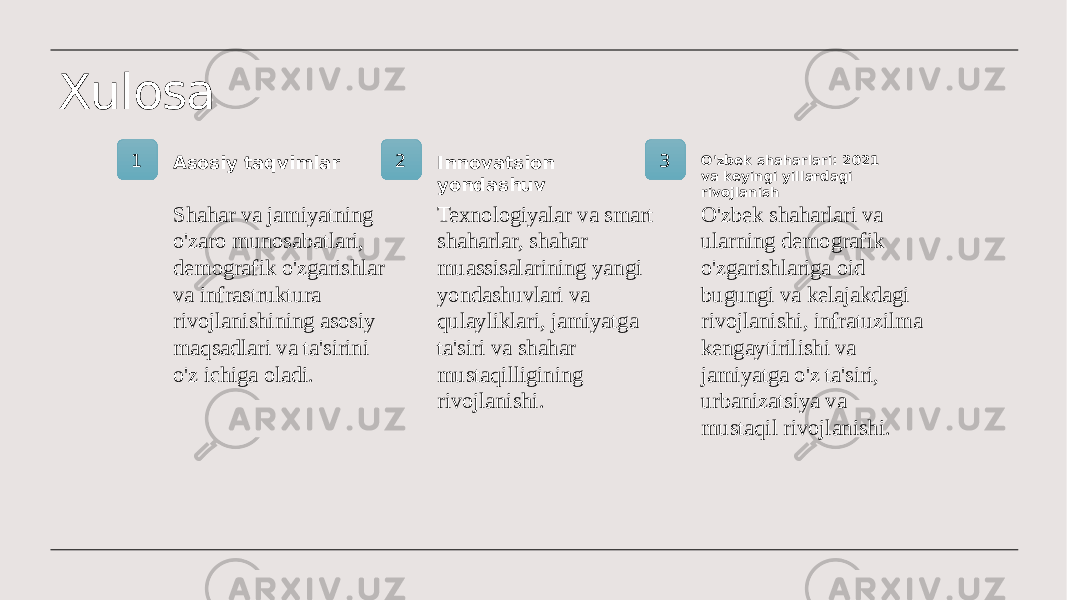 Xulosa 1 Asosiy taqvimlar Shahar va jamiyatning o&#39;zaro munosabatlari, demografik o&#39;zgarishlar va infrastruktura rivojlanishining asosiy maqsadlari va ta&#39;sirini o&#39;z ichiga oladi. 2 Innovatsion yondashuv Texnologiyalar va smart shaharlar, shahar muassisalarining yangi yondashuvlari va qulayliklari, jamiyatga ta&#39;siri va shahar mustaqilligining rivojlanishi. 3 O&#39;zbek shaharlari: 2021 va keyingi yillardagi rivojlanish O&#39;zbek shaharlari va ularning demografik o&#39;zgarishlariga oid bugungi va kelajakdagi rivojlanishi, infratuzilma kengaytirilishi va jamiyatga o&#39;z ta&#39;siri, urbanizatsiya va mustaqil rivojlanishi. 