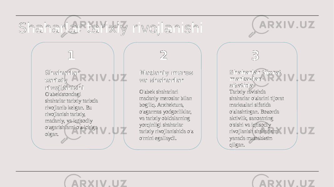 Shaharlar tarixiy rivojlanishi 1 Shaharlar tarixiy rivojlanishi O&#39;zbekistondagi shaharlar tarixiy tarixda rivojlanib kelgan. Bu rivojlanish tarixiy, madaniy, va iqtisodiy o&#39;zgarishlarni o&#39;z ichiga olgan. 2 Madaniy meros va shaharlar O&#39;zbek shaharlari madaniy meroslar bilan bog&#39;liq. Arxitektura, o&#39;zgarmas yodgorliklar, va tarixiy obidalarning yorqinligi shaharlar tarixiy rivojlanishida o&#39;z o&#39;rnini egallaydi. 3 Shaharlar tijorat markazlari sifatida Tarixiy ravishda shaharlar o&#39;zlarini tijorat markazlari sifatida o&#39;zlashtirgan. Bozorda aktivlik, sanoatning o&#39;sishi va iqtisodiy rivojlanish shaharlarni yanada mustahkam qilgan. 