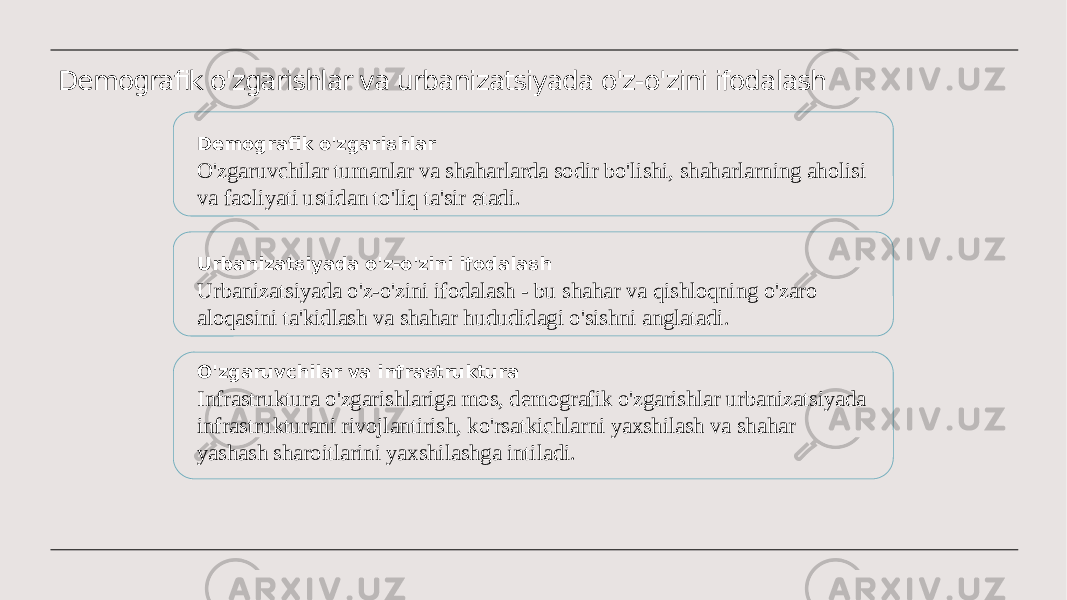 Demografik o&#39;zgarishlar va urbanizatsiyada o&#39;z-o&#39;zini ifodalash Demografik o&#39;zgarishlar O&#39;zgaruvchilar tumanlar va shaharlarda sodir bo&#39;lishi, shaharlarning aholisi va faoliyati ustidan to&#39;liq ta&#39;sir etadi. Urbanizatsiyada o&#39;z-o&#39;zini ifodalash Urbanizatsiyada o&#39;z-o&#39;zini ifodalash - bu shahar va qishloqning o&#39;zaro aloqasini ta&#39;kidlash va shahar hududidagi o&#39;sishni anglatadi. O&#39;zgaruvchilar va infrastruktura Infrastruktura o&#39;zgarishlariga mos, demografik o&#39;zgarishlar urbanizatsiyada infrastrukturani rivojlantirish, ko&#39;rsatkichlarni yaxshilash va shahar yashash sharoitlarini yaxshilashga intiladi. 