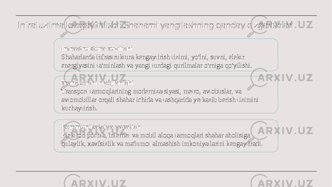 Infratuzilma kengaytirilishi: Shaharni yangilashning qanday o&#39;zgarishlari Infrastruktura Tuzilishi Shaharlarda infrastruktura kengaytirish tizimi, yo&#39;lni, suvni, elektr energiyasini ta&#39;minlash va yangi turdagi qurilmalar o&#39;rniga qo&#39;yilishi. Transportni rivojlanishi Transport tarmoqlarining modernizatsiyasi, metro, avtobuslar, va avtomobillar orqali shahar ichida va tashqarida yetkazib berish tizimini kuchaytirish. Kommunikatsiya yaratish Elektron pochta, internet va mobil aloqa tarmoqlari shahar aholisiga qulaylik, xavfsizlik va ma&#39;lumot almashish imkoniyatlarini kengaytiradi. 