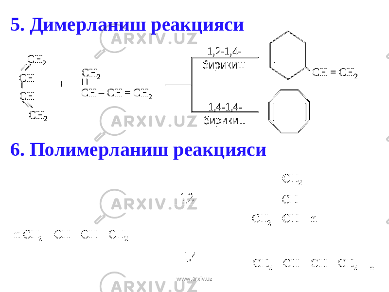 5. Димерланиш реакцияси 6. Полимерланиш реакциясиCH 2 CH CH CH 2 + CH 2 CH – CH = CH 2 CH = CH 2 1,2 -1,4 - бирикиш 1, 4 -1,4 - бирикиш CH 2 CH CH CH 2 + CH 2 CH – CH = CH 2 CH = CH 2 1,2 -1,4 - бирикиш 1, 4 -1,4 - бирикиш www.arxiv.uz 