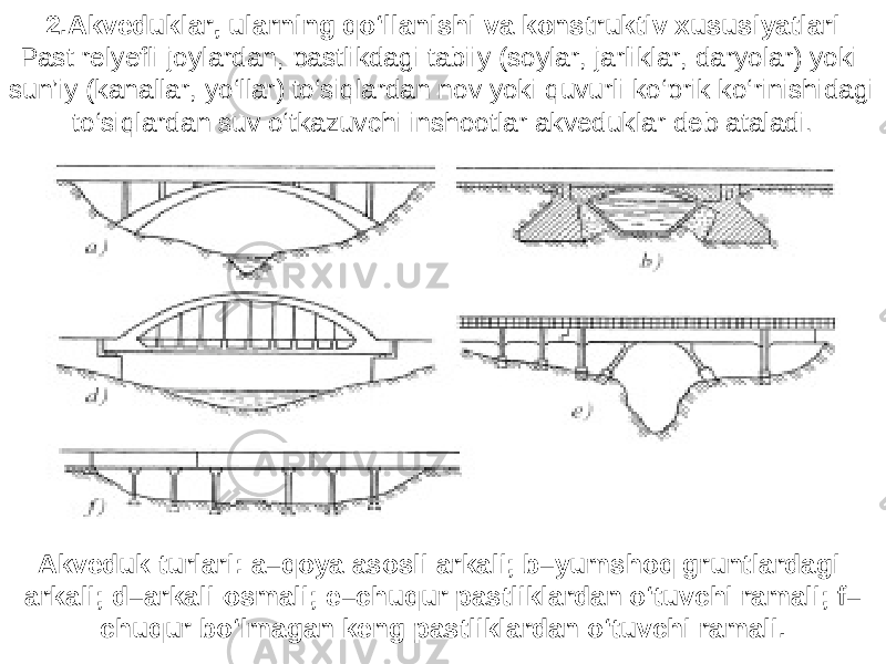 Akveduk turlari: a–qoya asosli arkali; b–yumshoq gruntlardagi arkali; d – arkali - osmali ; e – chuqur pastliklardan o ‘ tuvchi ramali ; f – chuqur bo ‘ lmagan keng pastliklardan o ‘ tuvchi ramali .2.Akveduklar, ularning qo‘llanishi va konstruktiv xususiyatlari Past relyefli joylardan, pastlikdagi tabiiy (soylar, jarliklar, daryolar) yoki sun’iy (kanallar, yo‘llar) to‘siqlardan nov yoki quvurli ko‘prik ko‘rinishidagi to‘siqlardan suv o‘tkazuvchi inshootlar akveduklar deb ataladi. 