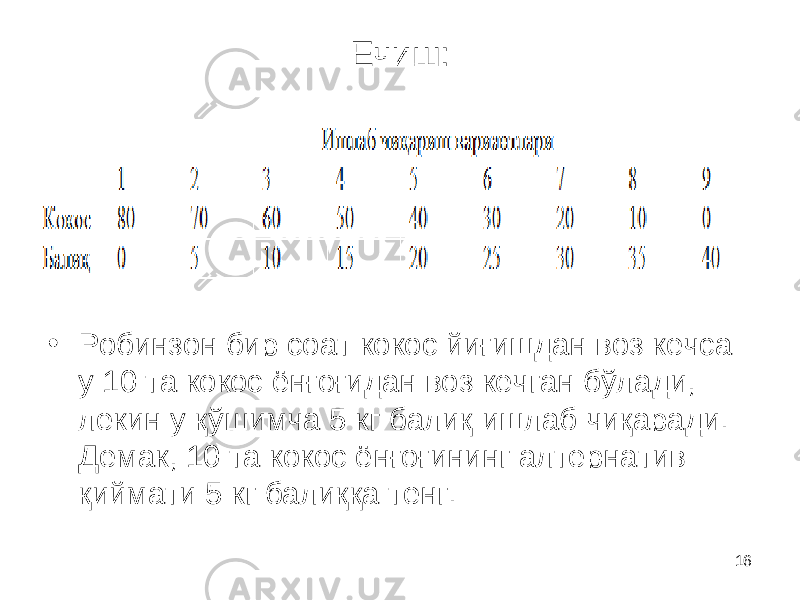 16Ечиш: • Робинзон бир соат кокос йиғишдан воз кечса у 10 та кокос ёнғоғидан воз кечган бўлади, лекин у қўшимча 5 кг балиқ ишлаб чиқаради. Демак, 10 та кокос ёнғоғининг алтернатив қиймати 5 кг балиққа тенг. 
