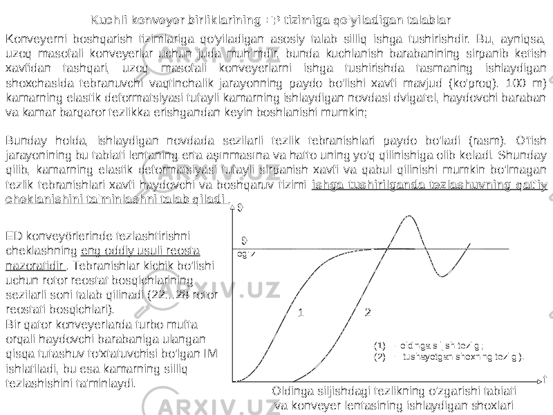 Kuchli konveyer birliklarining EP tizimiga qo&#39;yiladigan talablar Bunday holda, ishlaydigan novdada sezilarli tezlik tebranishlari paydo bo&#39;ladi (rasm). O&#39;tish jarayonining bu tabiati lentaning erta aşınmasına va hatto uning yo&#39;q qilinishiga olib keladi. Shunday qilib, kamarning elastik deformatsiyasi tufayli sirpanish xavfi va qabul qilinishi mumkin bo&#39;lmagan tezlik tebranishlari xavfi haydovchi va boshqaruv tizimi ishga tushirilganda tezlashuvning qat&#39;iy cheklanishini ta&#39;minlashni talab qiladi .  t og&#39;iz 1 2ED konveyörlerinde tezlashtirishni cheklashning eng oddiy usuli reosta nazoratidir . Tebranishlar kichik bo&#39;lishi uchun rotor reostat bosqichlarining sezilarli soni talab qilinadi (22...28 rotor reostati bosqichlari). Bir qator konveyerlarda turbo mufta orqali haydovchi barabaniga ulangan qisqa tutashuv to&#39;xtatuvchisi bo&#39;lgan IM ishlatiladi, bu esa kamarning silliq tezlashishini ta&#39;minlaydi. Oldinga siljishdagi tezlikning o&#39;zgarishi tabiati va konveyer lentasining ishlaydigan shoxlariKonveyerni boshqarish tizimlariga qo&#39;yiladigan asosiy talab silliq ishga tushirishdir. Bu, ayniqsa, uzoq masofali konveyerlar uchun juda muhimdir, bunda kuchlanish barabanining sirpanib ketish xavfidan tashqari, uzoq masofali konveyerlarni ishga tushirishda tasmaning ishlaydigan shoxchasida tebranuvchi vaqtinchalik jarayonning paydo bo&#39;lishi xavfi mavjud (ko&#39;proq). 100 m) kamarning elastik deformatsiyasi tufayli kamarning ishlaydigan novdasi dvigatel, haydovchi baraban va kamar barqaror tezlikka erishgandan keyin boshlanishi mumkin; (1) - oldinga siljish tezligi; (2) − tushayotgan shoxning tezligi). 