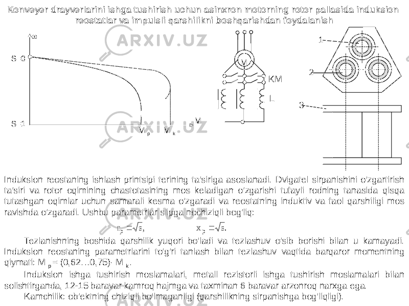 M KM L 1 2 3 M M pS=0 S=1 M kKonveyer drayverlarini ishga tushirish uchun asinxron motorning rotor pallasida induksion reostatlar va impulsli qarshilikni boshqarishdan foydalanish Induksion reostaning ishlash printsipi terining ta&#39;siriga asoslanadi. Dvigatel sirpanishini o&#39;zgartirish ta&#39;siri va rotor oqimining chastotasining mos keladigan o&#39;zgarishi tufayli rodning tanasida qisqa tutashgan oqimlar uchun samarali kesma o&#39;zgaradi va reostatning induktiv va faol qarshiligi mos ravishda o&#39;zgaradi. Ushbu parametrlar slipga nochiziqli bog&#39;liq: Tezlanishning boshida qarshilik yuqori bo&#39;ladi va tezlashuv o&#39;sib borishi bilan u kamayadi. Induksion reostaning parametrlarini to&#39;g&#39;ri tanlash bilan tezlashuv vaqtida barqaror momentning qiymati: M p = (0,62…0,75)∙ M k . Induksion ishga tushirish moslamalari, metall rezistorli ishga tushirish moslamalari bilan solishtirganda, 12-15 baravar kamroq hajmga va taxminan 6 baravar arzonroq narxga ega. Kamchilik: ob&#39;ektning chiziqli bo&#39;lmaganligi (qarshilikning sirpanishga bog&#39;liqligi).,s rp  .s xp  