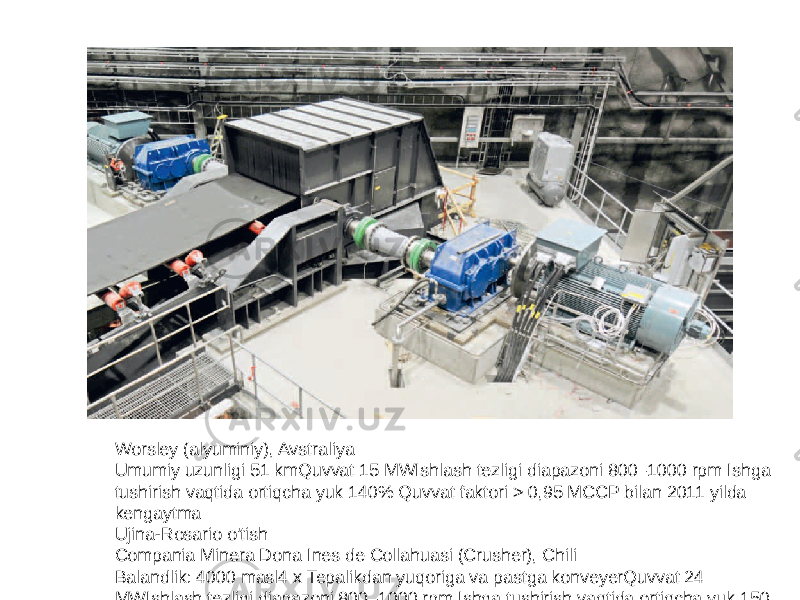 Worsley (alyuminiy), Avstraliya Umumiy uzunligi 51 kmQuvvat 15 MWIshlash tezligi diapazoni 800–1000 rpm Ishga tushirish vaqtida ortiqcha yuk 140% Quvvat faktori > 0,95 MCCP bilan 2011 yilda kengaytma Ujina-Rosario o&#39;tish Compania Minera Dona Ines de Collahuasi (Crusher), Chili Balandlik: 4000 masl4 x Tepalikdan yuqoriga va pastga konveyerQuvvat 24 MWIshlash tezligi diapazoni 800–1000 rpm Ishga tushirish vaqtida ortiqcha yuk 150 % Quvvat omili > 0,95 Aitik36 Boliden, Shvetsiya Past atrof-muhit harorati6 x ConveyorPower 21 MWIshlash tezligi diapazoni 500– 1000 rpm. Ishga tushirish paytida ortiqcha yuk 120 % Quvvat omili > 0,95 
