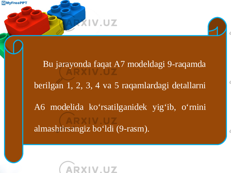 Bu jarayonda faqat A7 modeldagi 9-raqamda berilgan 1, 2, 3, 4 va 5 raqamlardagi detallarni A6 modelida k о‘ rsatilganidek yig‘ib, о‘ rnini almashtirsangiz b о‘ ldi (9-rasm). 