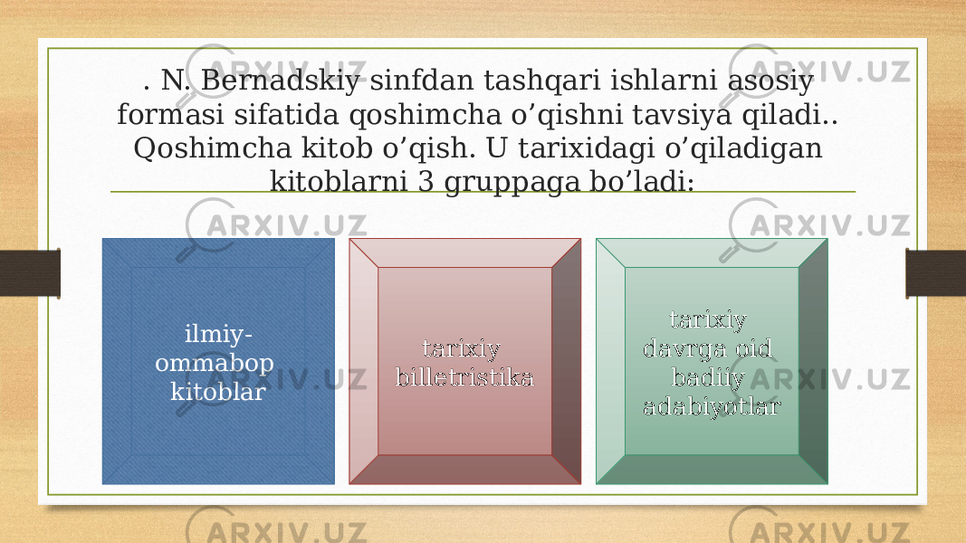 . N. Bernadskiy sinfdan tashqari ishlarni asosiy formasi sifatida qoshimcha o’qishni tavsiya qiladi.. Qoshimcha kitob o’qish. U tarixidagi o’qiladigan kitoblarni 3 gruppaga bo’ladi: ilmiy- ommabop kitoblar tarixiy billetristika tarixiy davrga oid badiiy adabiyotlar 