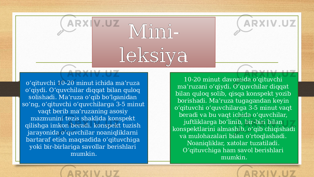 Mini- leksiya o‘qituvchi 10-20 minut ichida ma’ruza o‘qiydi. O‘quvchilar diqqat bilan quloq solishadi. Ma’ruza o‘qib bo‘lganidan so‘ng, o‘qituvchi o‘quvchilarga 3-5 minut vaqt berib ma’ruzaning asosiy mazmunini tezis shaklida konspekt qilishga imkon beradi. konspekt tuzish jarayonida o‘quvchilar noaniqliklarni bartaraf etish maqsadida o‘qituvchiga yoki bir-birlariga savollar berishlari mumkin. 10-20 minut davomida o‘qituvchi ma’ruzani o‘qiydi. O‘quvchilar diqqat bilan quloq solib, qisqa konspekt yozib borishadi. Ma’ruza tugagandan keyin o‘qituvchi o‘quvchilarga 3-5 minut vaqt beradi va bu vaqt ichida o‘quvchilar, juftliklarga bo‘linib, bir-biri bilan konspektlarini almashib, o‘qib chiqishadi va mulohazalari bilan o‘rtoqlashadi. Noaniqliklar, хatolar tuzatiladi. O‘qituvchiga ham savol berishlari mumkin. 