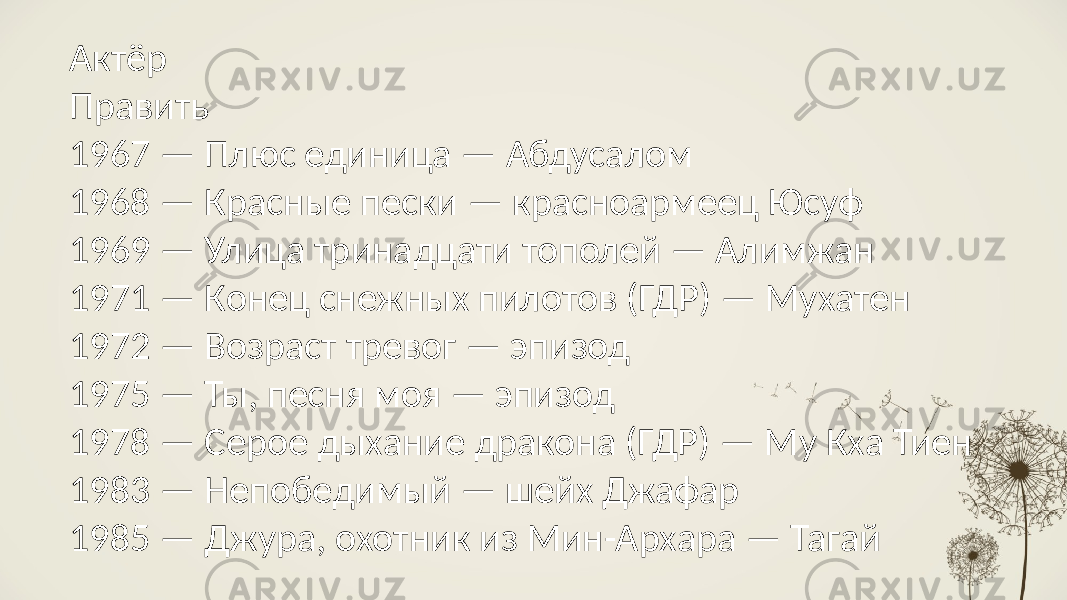 Актёр Править 1967 — Плюс единица — Абдусалом 1968 — Красные пески — красноармеец Юсуф 1969 — Улица тринадцати тополей — Алимжан 1971 — Конец снежных пилотов (ГДР) — Мухатен 1972 — Возраст тревог — эпизод 1975 — Ты, песня моя — эпизод 1978 — Серое дыхание дракона (ГДР) — Му Кха Тиен 1983 — Непобедимый — шейх Джафар 1985 — Джура, охотник из Мин-Архара — Тагай 
