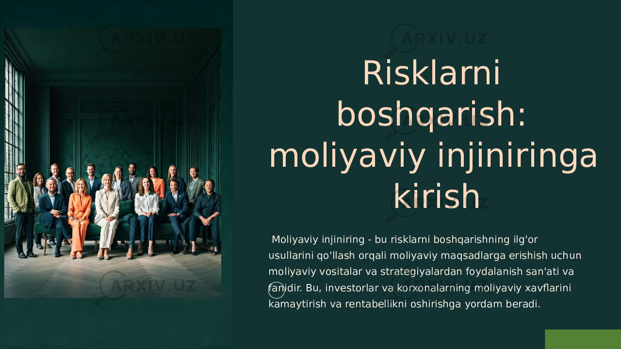 Risklarni boshqarish: moliyaviy injiniringa kirish Moliyaviy injiniring - bu risklarni boshqarishning ilg&#39;or usullarini qo&#39;llash orqali moliyaviy maqsadlarga erishish uchun moliyaviy vositalar va strategiyalardan foydalanish san&#39;ati va fanidir. Bu, investorlar va korxonalarning moliyaviy xavflarini kamaytirish va rentabellikni oshirishga yordam beradi. 