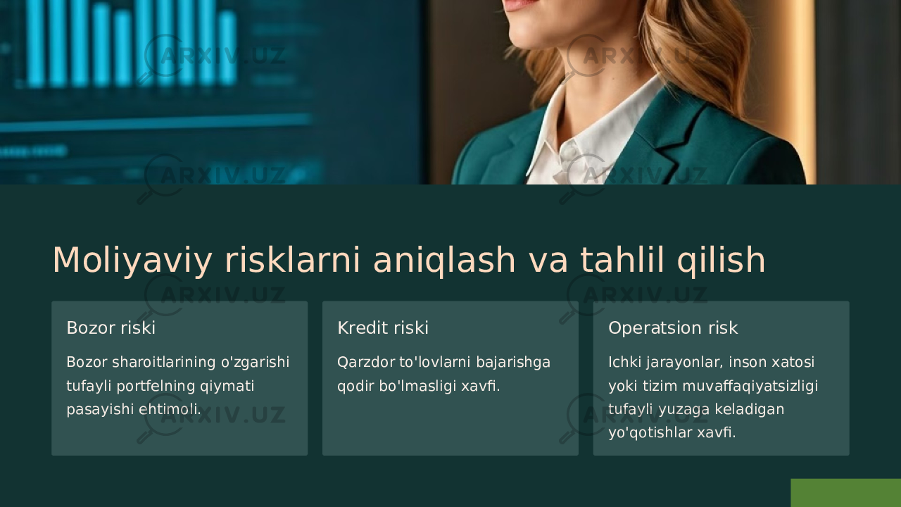 Moliyaviy risklarni aniqlash va tahlil qilish Bozor riski Bozor sharoitlarining o&#39;zgarishi tufayli portfelning qiymati pasayishi ehtimoli. Kredit riski Qarzdor to&#39;lovlarni bajarishga qodir bo&#39;lmasligi xavfi. Operatsion risk Ichki jarayonlar, inson xatosi yoki tizim muvaffaqiyatsizligi tufayli yuzaga keladigan yo&#39;qotishlar xavfi. 