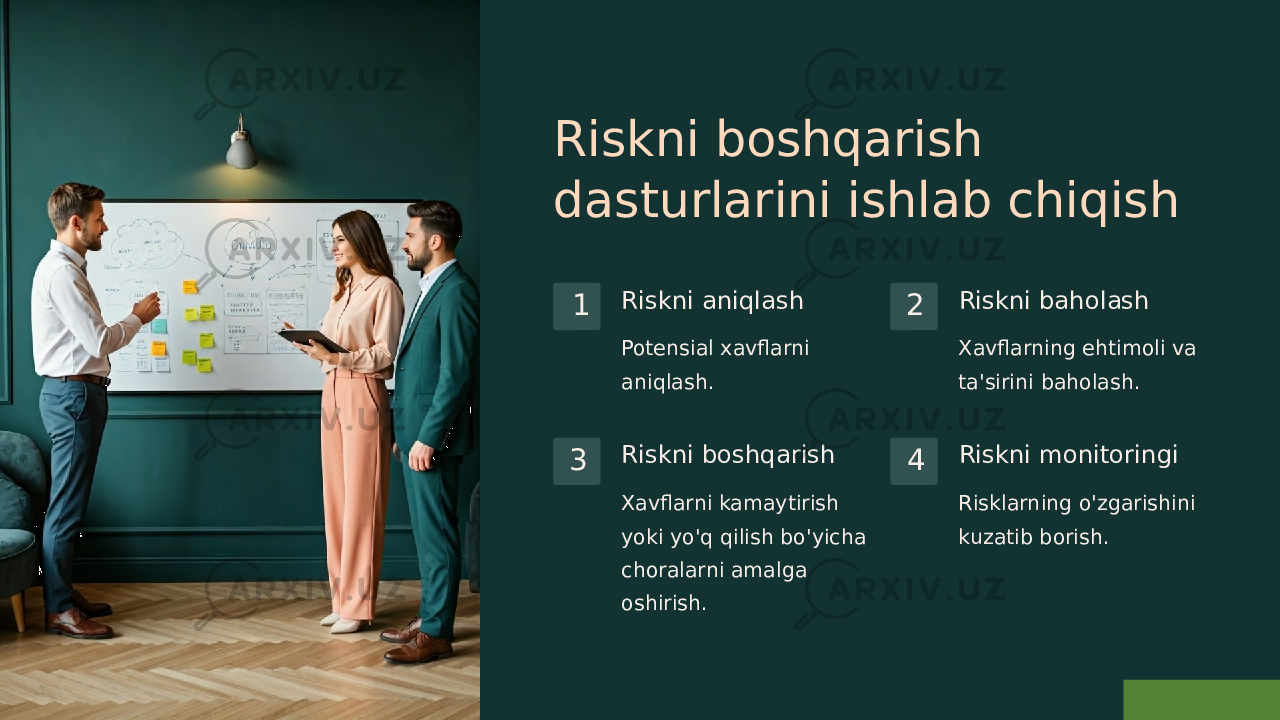 Riskni boshqarish dasturlarini ishlab chiqish 1 Riskni aniqlash Potensial xavflarni aniqlash. 2 Riskni baholash Xavflarning ehtimoli va ta&#39;sirini baholash. 3 Riskni boshqarish Xavflarni kamaytirish yoki yo&#39;q qilish bo&#39;yicha choralarni amalga oshirish. 4 Riskni monitoringi Risklarning o&#39;zgarishini kuzatib borish. 