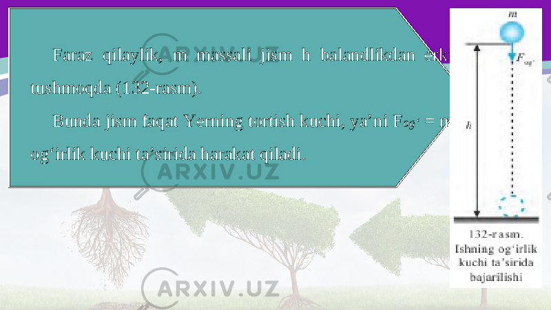 Faraz qilaylik, m massali jism h balandlikdan erkin tushmoqda (132-rasm). Bunda jism faqat Yerning tortish kuchi, ya’ni F og‘ = mg og‘irlik kuchi ta’sirida harakat qiladi. 