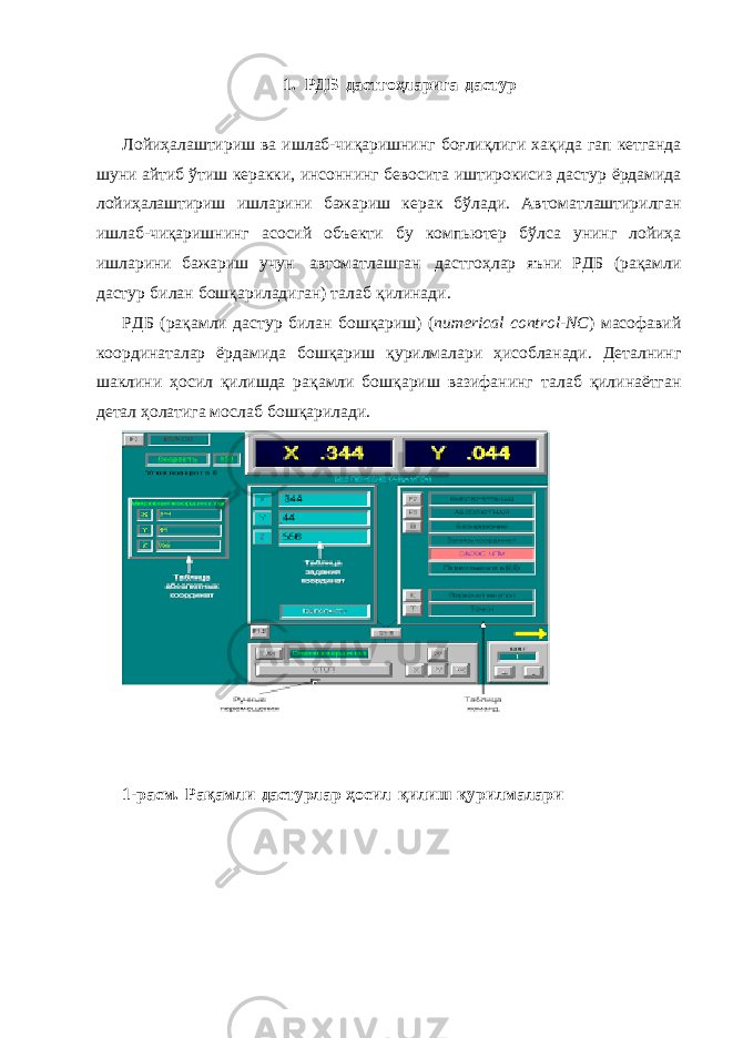 1. РДБ дастгоҳларига дастур Лойиҳалаштириш ва ишлаб-чиқаришнинг боғлиқлиги хақида гап кетганда шуни айтиб ўтиш керакки, инсоннинг бевосита иштирокисиз дастур ёрдамида лойиҳалаштириш ишларини бажариш керак бўлади. Автоматлаштирилган ишлаб-чиқаришнинг асосий объекти бу компьютер бўлса унинг лойиҳа ишларини бажариш учун автоматлашган дастгоҳлар яъни РДБ (рақамли дастур билан бошқариладиган) талаб қилинади. РДБ (рақамли дастур билан бошқариш) ( numerical control-NC ) масофавий координаталар ёрдамида бошқариш қурилмалари ҳисобланади. Деталнинг шаклини ҳосил қилишда рақамли бошқариш вазифанинг талаб қилинаётган детал ҳолатига мослаб бошқарилади. 1-расм. Рақамли дастурлар ҳосил қилиш қурилмалари 