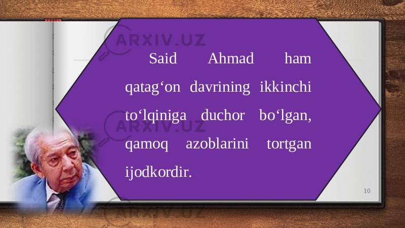 10Said Ahmad ham qatag‘on davrining ikkinchi to‘lqiniga duchor bo‘lgan, qamoq azoblarini tortgan ijodkordir. 