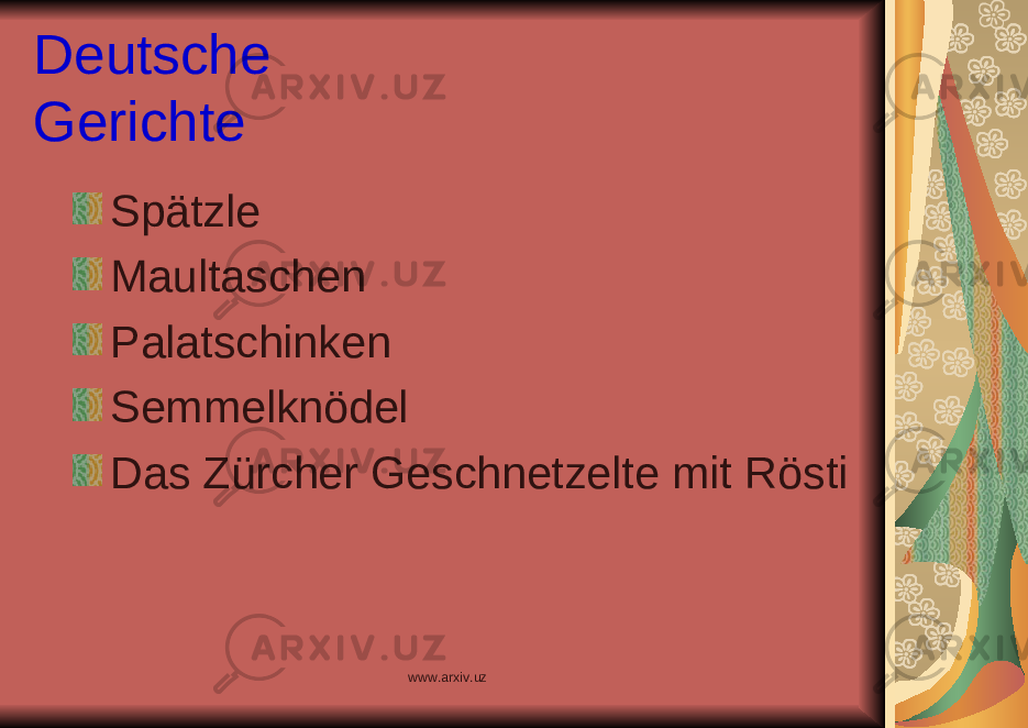 Deutsche Gerichte Sp ä tzle Maultaschen Palatschinken Semmelkn ö del Das Z ü rcher Geschnetzelte mit R ö sti www.arxiv.uz 