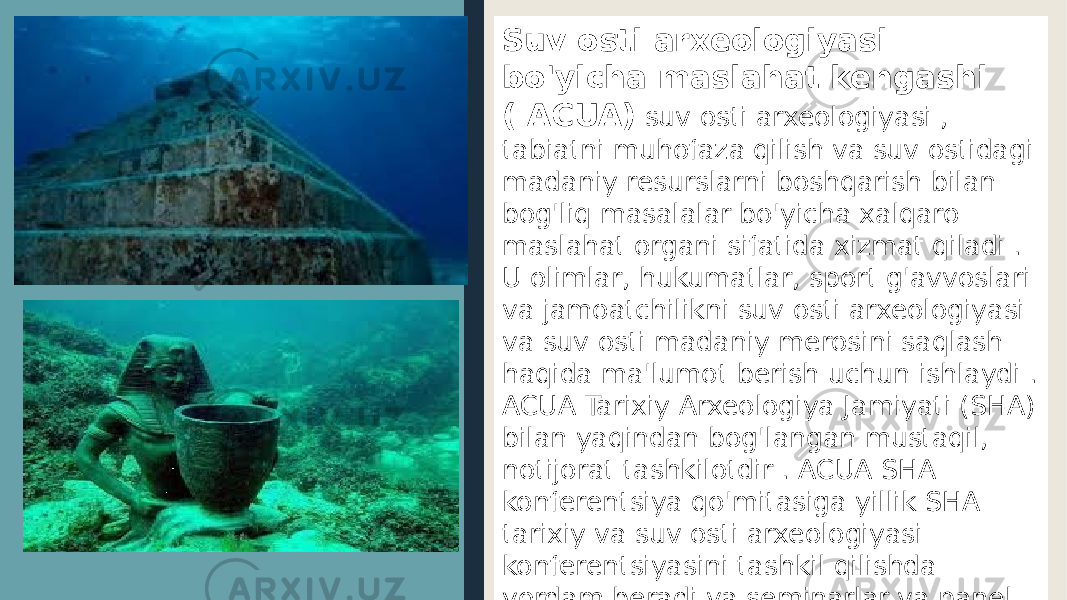 Suv osti arxeologiyasi bo&#39;yicha maslahat kengashi ( ACUA) suv osti arxeologiyasi , tabiatni muhofaza qilish va suv ostidagi madaniy resurslarni boshqarish bilan bog&#39;liq masalalar bo&#39;yicha xalqaro maslahat organi sifatida xizmat qiladi . U olimlar, hukumatlar, sport g&#39;avvoslari va jamoatchilikni suv osti arxeologiyasi va suv osti madaniy merosini saqlash haqida ma&#39;lumot berish uchun ishlaydi . ACUA Tarixiy Arxeologiya Jamiyati (SHA) bilan yaqindan bog&#39;langan mustaqil, notijorat tashkilotdir . ACUA SHA konferentsiya qo&#39;mitasiga yillik SHA tarixiy va suv osti arxeologiyasi konferentsiyasini tashkil qilishda yordam beradi va seminarlar va panel muhokamalari orqali uzluksiz ta&#39;lim beradi. 