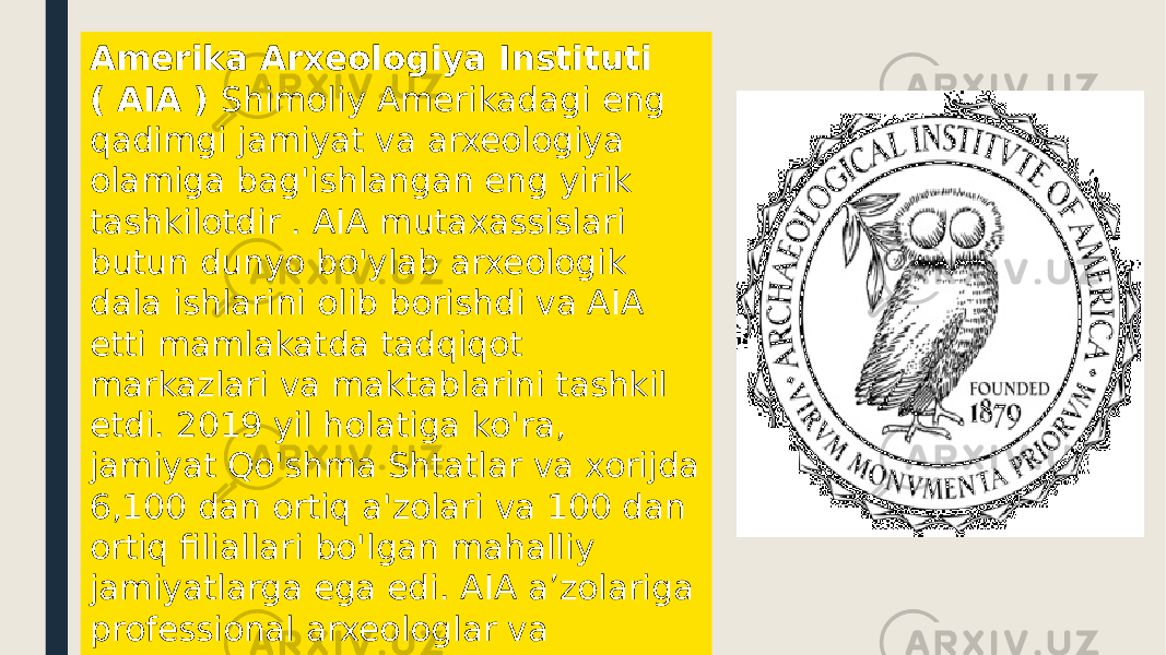 Amerika Arxeologiya Instituti ( AIA ) Shimoliy Amerikadagi eng qadimgi jamiyat va arxeologiya olamiga bag&#39;ishlangan eng yirik tashkilotdir . AIA mutaxassislari butun dunyo bo&#39;ylab arxeologik dala ishlarini olib borishdi va AIA etti mamlakatda tadqiqot markazlari va maktablarini tashkil etdi. 2019 yil holatiga ko&#39;ra, jamiyat Qo&#39;shma Shtatlar va xorijda 6,100 dan ortiq a&#39;zolari va 100 dan ortiq filiallari bo&#39;lgan mahalliy jamiyatlarga ega edi. AIA aʼzolariga professional arxeologlar va jamoatchilik vakillari kiradi. 