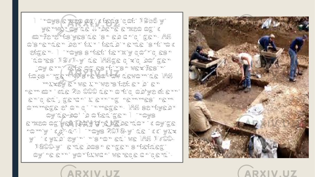 Illinoys arxeologik tadqiqoti 1956 yil yanvar oyida Urbana arxeologik konferentsiyasida ishlab chiqilgan. AS o&#39;shandan beri turli tadbirlarda ishtirok etgan. Illinoys shtati tarixiy qoʻriqlash idorasi 1971-yilda IASga qiziq boʻlgan joylarni kataloglashtirish vazifasini topshirgan. Oʻsha soʻrov davomida IAS muzeylar va universitetlar bilan hamkorlikda 25 000 dan ortiq obʼyektlarni aniqladi, garchi ularning hammasi ham ommaga eʼlon qilinmagan. IAS sentyabr oyida bo&#39;lib o&#39;tadigan Illinoys arxeologiyasi bo&#39;yicha xabardorlik oyiga homiylik qildi.Illinoys 2018-yilda ikki yuz yillik yubileyini nishonladi va IAS 1700- 1800-yillarda boshlangan shtatdagi loyihalarni yorituvchi varaqa chiqardi. 