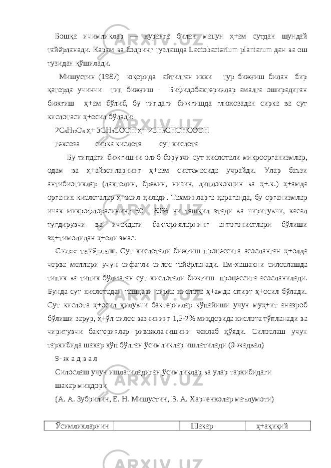 Бошқа ичимликлар — куранга билан мацун ҳ+ам сутдан шундай тайёрланади. Карам ва бодринг тузлашда Lactobacterium plantarum дан ва ош тузидан қўшилади. Мишустин (1987) юқорида айтилган икки тур бижғиш билан бир қаторда учинчи тип бижғиш - Бифидобактериялар амалга оширадиган бижғиш ҳ+ам бўлиб, бу типдаги бижғишда глюкозадан сирка ва сут кислотаси ҳ+осил бўлади: 2С 6 Н 12 О 6 ҳ+ 3 СН 3 СООН ҳ+ 2СН 3 СНОНСООН гексоза сирка кислота сут кислота Бу типдаги бижғишни олиб борувчи сут кислотали микроорганизмлар, одам ва ҳ+айвонларнинг ҳ+азм системасида учрайди. Улар баъзи антибиотиклар (лактолин, бревин, низин, диплококцин ва ҳ+.к.) ҳ+амда органик кислоталар ҳ+осил қилади. Тахминларга қараганда, бу организмлар ичак микрофлорасининг 50 - 80% ни ташқил этади ва чиритувчи, касал туғдирувчи ва ичакдаги бактерияларнинг антогонистлари бўлиши эҳ+тимолидан ҳ+оли эмас. Силос тайёрлаш . Сут кислотали бижғиш процессига асосланган ҳ+олда чорва моллари учун сифатли силос тайёрланади. Ем-хашакни силослашда типик ва типик бўлмаган сут кислотали бижғиш процессига асосланилади. Бунда сут кислотадан ташқари сирка кислота ҳ+амда спирт ҳ+осил бўлади. Сут кислота ҳ+осил қилувчи бактериялар кўпайиши учун муҳ+ит анаэроб бўлиши зарур, ҳ+ўл силос вазнининг 1,5-2% миқдорида кислота тўпланади ва чиритувчи бактериялар ривожланишини чеклаб қўяди. Силослаш учун таркибида шакар кўп бўлган ў с имликлар ишлатилади (9-жадвал ) 9- ж а д в а л Силослаш учун ишлатиладиган ўсимликлар ва улар таркибидаги ш а к ар ми қдори (А. А. Зубрилин, Е. Н. Мишустин, В. А. Харченколар маълумоти) Ўсимликларнин Шакар ҳ+ақиқий 