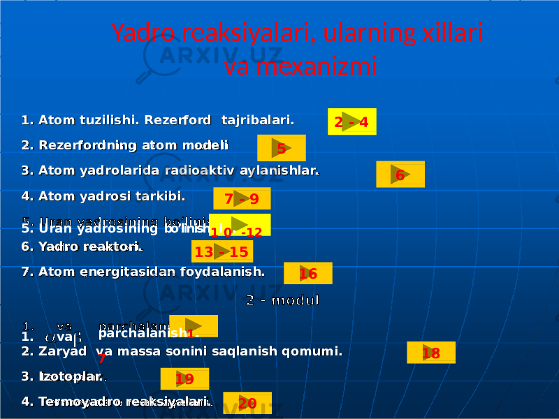 1. Atom tuzilishi. Rezerford tajribalari. 2. Rezerfordning atom modeli 3. Atom yadrolarida radioaktiv aylanishlar. 4. Atom yadrosi tarkibi. 6. Yadro reaktori. 7. Atom energitasidan foydalanish. 2. Zaryad va massa sonini saqlanish qomumi. 3. Izotoplar. 4. Termoyadro reaksiyalari. 2 - 4 5 7 - 9 6 13 - 155. Uran yadrosining bo’linish 1 i 0 . -12 1.  va  16 18parchalanis h 1 . 7 19 20Yadro reaksiyalari, ularning xillari va mexanizmi 