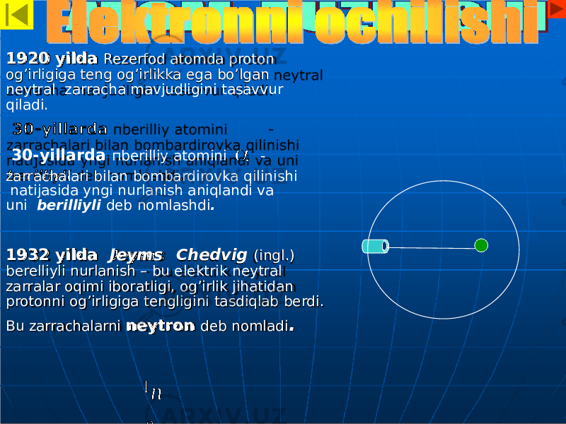 1932 yilda Jeyms Chedvig (ingl.) berelliyli nurlanish – bu elektrik neytral zarralar oqimi iboratligi, og’irlik jihatidan protonni og’irligiga tengligini tasdiqlab berdi. Bu zarrachalarni neytron deb nomladi .1920 yilda Rezerfod atomda proton og’irligiga teng og’irlikka ega bo’lgan neytral zarracha mavjudligini tasavvur qiladi. 30-yillarda пberilliy atomini  - zarrachalari bilan bombardirovka qilinishi natijasida yngi nurlanish aniqlandi va uni berilliyli deb nomlashdi . 1 n 0 