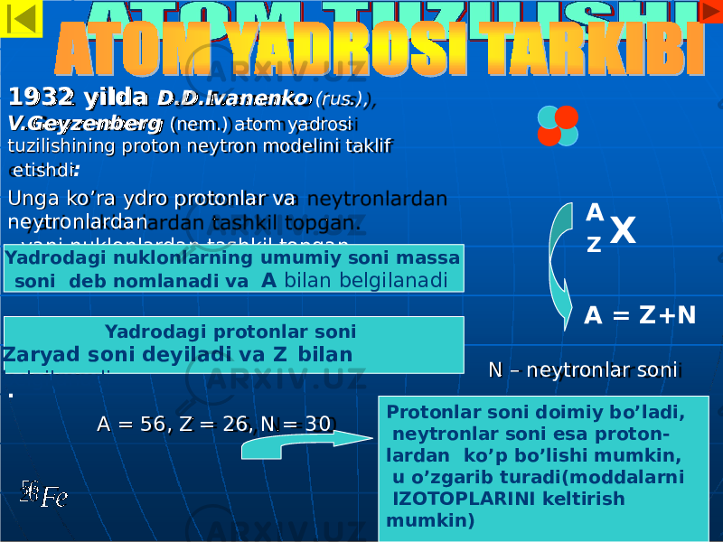 N – neytronlar soni1932 yilda D.D.Ivanenko (rus.), V.Geyzenberg (nem.) atom yadrosi tuzilishining proton neytron modelini taklif etishdi : Unga ko’ra ydro protonlar va neytronlardan - yani nuklonlardan tashkil topgan. M asal a n . А = 56, Z = 26, N = 30Yadrodagi nuklonlarning umumiy soni massa soni deb nomlanadi va А bilan belgilanadi Yadrodagi protonlar soni Zaryad soni deyiladi va Z bilan belgilanadi A Z X A = Z+N 56 Fe26 Protonlar soni doimiy bo’ladi, neytronlar soni esa proton- lardan ko’p bo’lishi mumkin, u o’zgarib turadi(moddalarni IZOTOPLARINI keltirish mumkin) 