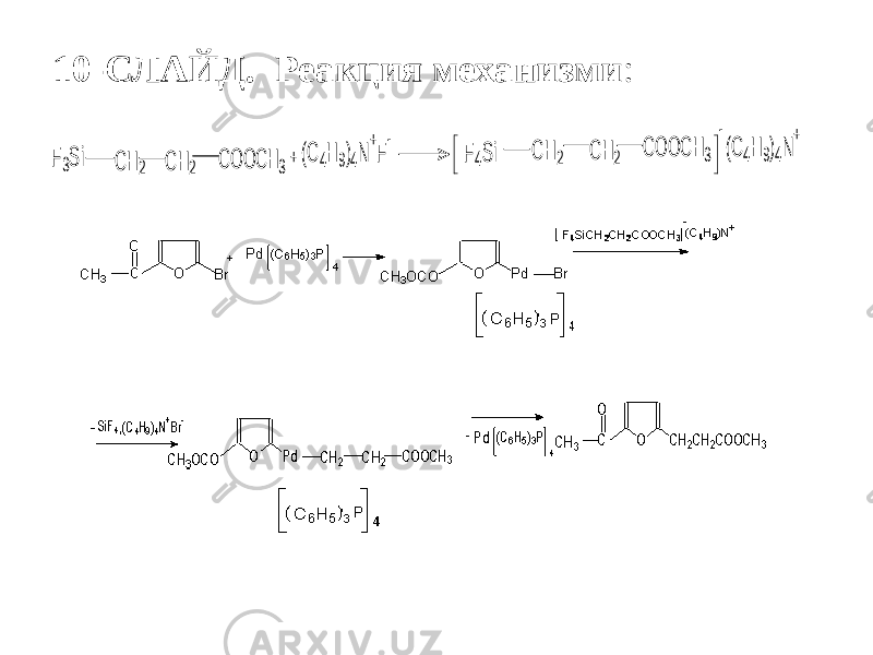 10-СЛАЙД. Реакция механизми :+ F3Si C H2 C H2 C O O CH3 (C 4H9)4N + F - F4Si C H2 C H2 C O O C H3 (C 4H9)4N + - 