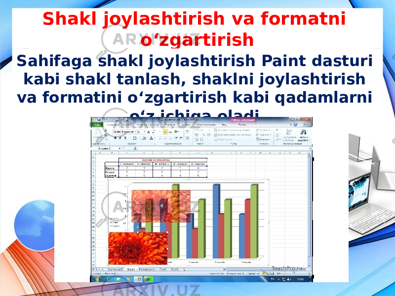 Shakl joylashtirish va formatni o‘zgartirish Sahifaga shakl joylashtirish Paint dasturi kabi shakl tanlash, shaklni joylashtirish va formatini o‘zgartirish kabi qadamlarni o‘z ichiga oladi. 