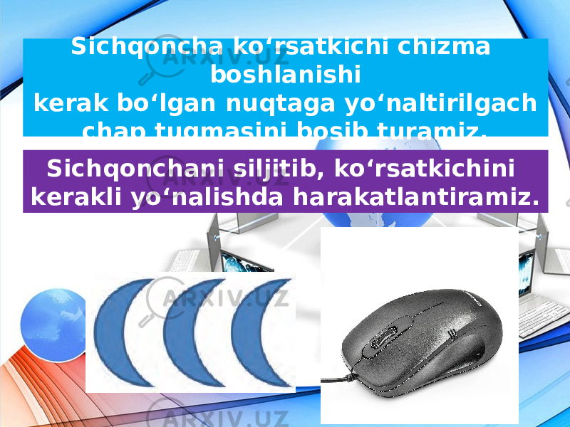 Sichqoncha ko‘rsatkichi chizma boshlanishi kerak bo‘lgan nuqtaga yo‘naltirilgach chap tugmasini bosib turamiz. Sichqonchani siljitib, ko‘rsatkichini kerakli yo‘nalishda harakatlantiramiz. 