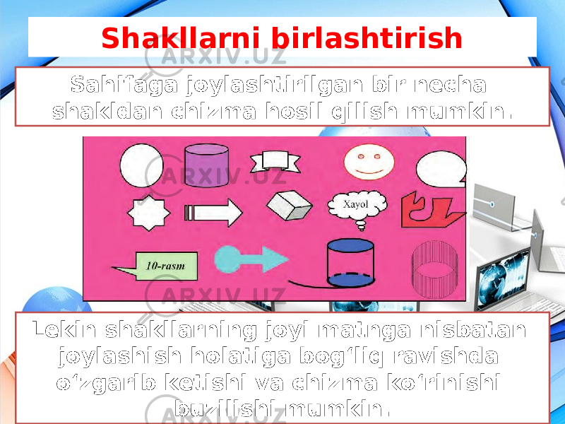 Shakllarni birlashtirish Sahifaga joylashtirilgan bir necha shakldan chizma hosil qilish mumkin. Lekin shakllarning joyi matnga nisbatan joylashish holatiga bog‘liq ravishda o‘zgarib ketishi va chizma ko‘rinishi buzilishi mumkin. 