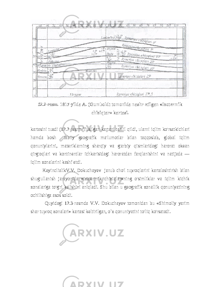 12.2- rasm . 1817- yilda A . ( Gumboldt tomonida nashr etilgan « Izotermik chiziqtar » kartasi . kartasini tuzdi (12.2- rasrm Tuzilgan kartani tahlil qildi , ularni iqlim ko &#39; rsatkichlari hamda bosh tabiiy geografik ma &#39; lumotlar bilan taqqoslab , global iqlim qonuniylarini , materiklarning sharqiy va g &#39; arbiy qismlaridagi harorat okean qirg &#39; oqlari va kontinentlar ichkarisidagi haroratdan farqlanishini va natijada — iqlim zonalarini kashf etdi . KeyinclialikV.V. Dokuchayev janub cho&#39;l tuproqlarini kartalashtirish bilan shug&#39;ullanish jarayonida «izotermik chiziqlar»ning o&#39;simliklar va iqlim kichik zonalariga to&#39;g&#39;ri kelishini aniqladi. Shu bilan u geografik zonallik qonuniyatining ochilishiga asos soldi . Quyidagi 12.3- rasmda V . V . Dokuchayev tomonidan bu « Shimoliy yarim shar tuproq zonalari » kartasi keltirilgan , o ` z qonuniyatini to &#39; liq ko &#39; rsatadi . 