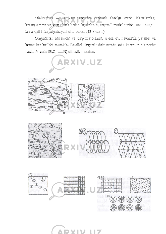 Diskretlask — uzluksiz tasvirdan diskretli sbaklga o&#39;tish. Kartalardagi kartogramma va teng chiziqlardan foydalanib, raqamli model tuzish, unda nuqtali to&#39;r orqali interpolyatsiyani olib borish (13.7-rasm). O&#39;zgartirish birlamchi va ko&#39;p marotabali, u esa o&#39;z navbatida parallel va ketma-ket bo&#39;lishi mumkin. Parallel o&#39;zgartirishda manba «A» kartadan bir necha hosila A karta (B,C,.......N) olinadi. masalan, 