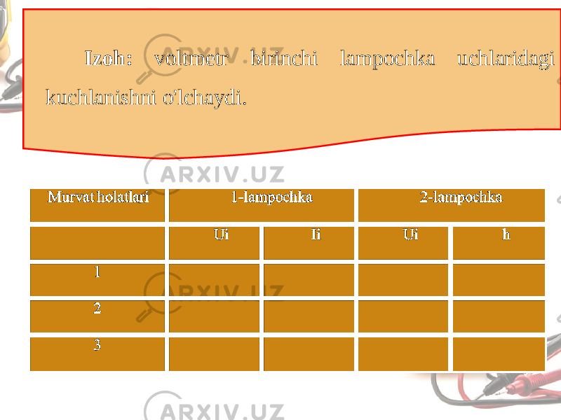 Izoh: voltmetr birinchi lampochka uchlaridagi kuchlanishni o&#39;lchaydi. 