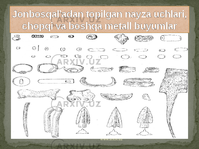 Jonbosqal&#39;adan topilgan nayza uchlari, chopqi va boshqa metall buyumlar www.arxiv.uz2A 14 