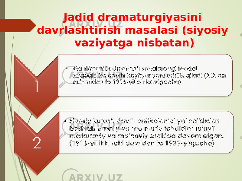 Jadid dramaturgiyasini davrlashtirish masalasi (siyosiy vaziyatga nisbatan) 