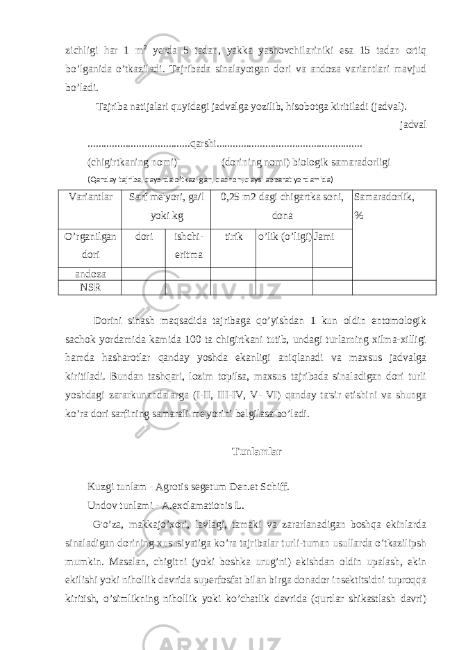 zichligi har 1 m 2 yerda 5 tadan, yakka yashovchilariniki esa 15 tadan ortiq bo’lganida o’tkaziladi. Tajribada sinalayotgan dori va andoza variantlari mavjud bo’ladi. Tajriba natijalari quyidagi jadvalga yozilib, hisobotga kiritiladi (jadval). jadval ......................................qarshi...................................................... (chigirtkaning nomi) (dorining nomi) biologik samaradorligi (Qanday tajriba, qayerda o’tkazilgan, qachon, qaysi apparat yordamida) Variantlar Sarf me&#39;yori, ga/l yoki kg 0,25 m2 dagi chigartka soni, dona Samaradorlik, % O’rganilgan dori dori ishchi- eritma tirik o’lik (o’ligi) Jami andoza NSR Dorini sinash maqsadida tajribaga qo’yishdan 1 kun oldin entomologik sachok yordamida kamida 100 ta chigirtkani tutib, undagi turlarning xilma-xilligi hamda hasharotlar qanday yoshda ekanligi aniqlanadi va maxsus jadvalga kiritiladi. Bundan tashqari, lozim topilsa, maxsus tajribada sinaladigan dori turli yoshdagi zararkunandalarga (I-II, III-IV, V- VI) qanday ta&#39;sir etishini va shunga ko’ra dori sarfining samarali me&#39;yorini belgilasa bo’ladi. Tunlamlar Kuzgi tunlam - Agrotis segetum Den.et Schiff. Undov tunlami - A.exclamationis L. G&#39;o’za, makkajo’xori, lavlagi, tamaki va zararlanadigan boshqa ekinlarda sinaladigan dorining xususiyatiga ko’ra tajribalar turli-tuman usullarda o’tkazilipsh mumkin. Masalan, chigitni (yoki boshka urug’ni) ekishdan oldin upalash, ekin ekilishi yoki nihollik davrida superfosfat bilan birga donador insektitsidni tuproqqa kiritish, o’simlikning nihollik yoki ko’chatlik davrida (qurtlar shikastlash davri) 