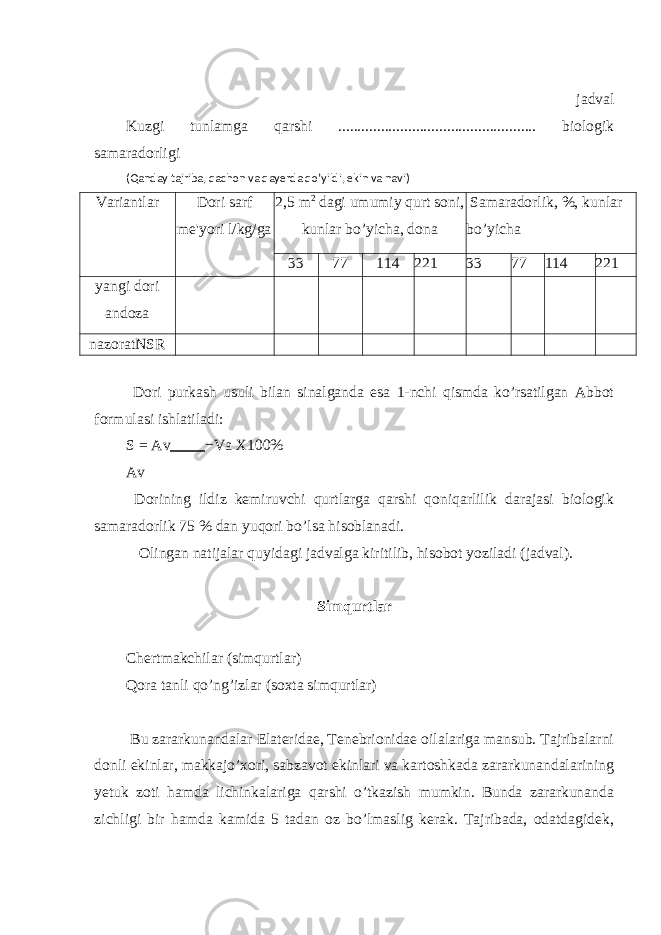  jadval Kuzgi tunlamga qarshi ................................................... biologik samaradorligi (Qanday tajriba, qachon va qayerda qo’yildi, ekin va navi) Variantlar Dori sarf me&#39;yori l/kg/ga 2,5 m 2 dagi umumiy qurt soni, kunlar bo’yicha, dona Samaradorlik, %, kunlar bo’yicha 33 77 114 221 33 77 114 221 yangi dori andoza nazoratNSR Dori purkash usuli bilan sinalganda esa 1-nchi qismda ko’rsatilgan Abbot formulasi ishlatiladi: S = Av − Va X100 % Av Dorining ildiz kemiruvchi qurtlarga qarshi qoniqarlilik darajasi biologik samaradorlik 75 % dan yuqori bo’lsa hisoblanadi. Olingan natijalar quyidagi jadvalga kiritilib, hisobot yoziladi (jadval). Simqurtlar Chertmakchilar (simqurtlar) Qora tanli qo’ng’izlar (soxta simqurtlar) Bu zararkunandalar Elateridae, Tenebrionidae oilalariga mansub. Tajribalarni donli ekinlar, makkajo’xori, sabzavot ekinlari va kartoshkada zararkunandalarining yetuk zoti hamda lichinkalariga qarshi o’tkazish mumkin. Bunda zararkunanda zichligi bir hamda kamida 5 tadan oz bo’lmaslig kerak. Tajribada, odatdagidek, 