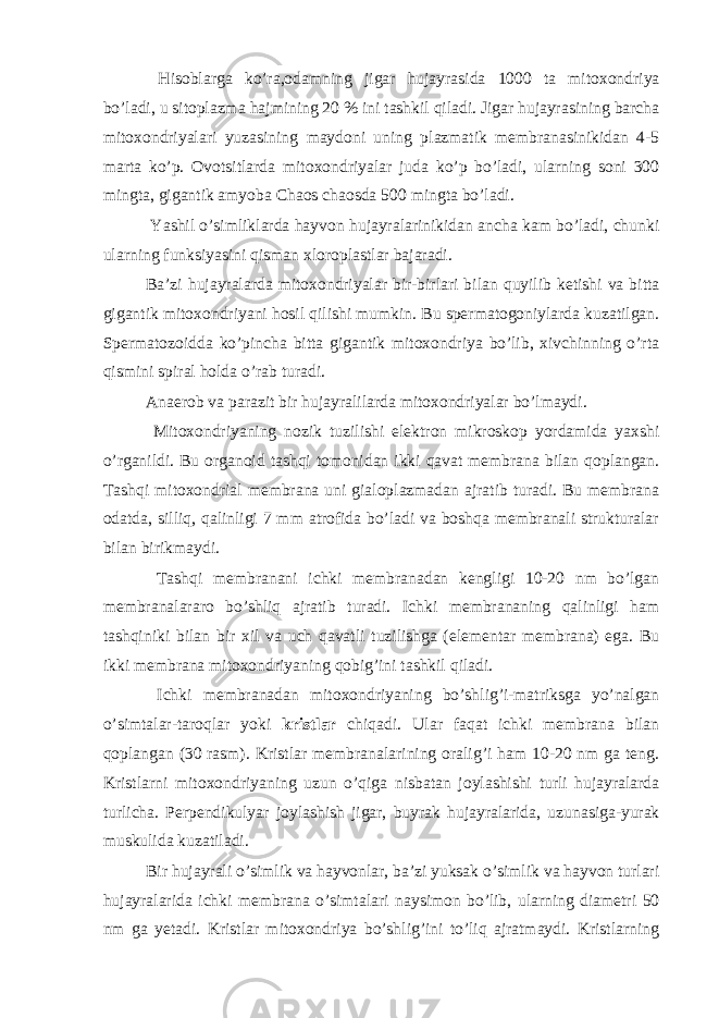  Hisoblarga ko’ra,odamning jigar hujayrasida 1000 ta mitoxondriya bo’ladi, u sitoplazma hajmining 20 % ini tashkil qiladi. Jigar hujayrasining barcha mitoxondriyalari yuzasining maydoni uning plazmatik membranasinikidan 4-5 marta ko’p. Ovotsitlarda mitoxondriyalar juda ko’p bo’ladi, ularning soni 300 mingta, gigantik amyoba Chaos chaosda 500 mingta bo’ladi. Yashil o’simliklarda hayvon hujayralarinikidan ancha kam bo’ladi, chunki ularning funksiyasini qisman xloroplastlar bajaradi. Ba’zi hujayralarda mitoxondriyalar bir-birlari bilan quyilib ketishi va bitta gigantik mitoxondriyani hosil qilishi mumkin. Bu spermatogoniylarda kuzatilgan. Spermatozoidda ko’pincha bitta gigantik mitoxondriya bo’lib, xivchinning o’rta qismini spiral holda o’rab turadi. Anaerob va parazit bir hujayralilarda mitoxondriyalar bo’lmaydi. Mitoxondriyaning nozik tuzilishi elektron mikroskop yordamida yaxshi o’rganildi. Bu organoid tashqi tomonidan ikki qavat membrana bilan qoplangan. Tashqi mitoxondrial membrana uni gialoplazmadan ajratib turadi. Bu membrana odatda, silliq, qalinligi 7 mm atrofida bo’ladi va boshqa membranali strukturalar bilan birikmaydi. Tashqi membranani ichki membranadan kengligi 10-20 nm bo’lgan membranalararo bo’shliq ajratib turadi. Ichki membrananing qalinligi ham tashqiniki bilan bir xil va uch qavatli tuzilishga (elementar membrana) ega. Bu ikki membrana mitoxondriyaning qobig’ini tashkil qiladi. Ichki membranadan mitoxondriyaning bo’shlig’i-matriksga yo’nalgan o’simtalar-taroqlar yoki kristlar chiqadi. Ular faqat ichki membrana bilan qoplangan (30 rasm). Kristlar membranalarining oralig’i ham 10-20 nm ga teng. Kristlarni mitoxondriyaning uzun o’qiga nisbatan joylashishi turli hujayralarda turlicha. Perpendikulyar joylashish jigar, buyrak hujayralarida, uzunasiga-yurak muskulida kuzatiladi. Bir hujayrali o’simlik va hayvonlar, ba’zi yuksak o’simlik va hayvon turlari hujayralarida ichki membrana o’simtalari naysimon bo’lib, ularning diametri 50 nm ga yetadi. Kristlar mitoxondriya bo’shlig’ini to’liq ajratmaydi. Kristlarning 