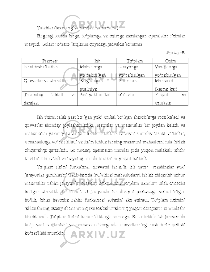 Talablar (texnologiya darajasi va namuna). Bugungi kunda ishga, to‘plamga va oqimga asoslangan operatsion tizimlar mavjud. Bularni o‘zaro farqlarini quyidagi jadvalda ko‘ramiz: Jadval-5. Prametr Ish To‘plam Oqim Ishni tashkil etish Mahsulotga yo‘naltirilgan Jarayonga yo‘naltirilgan Vazifalarga yo‘naltirilgan Quvvatlar va sharoitlar Belgilangan pozitsiya Funksional Mahsulot (ketma-ket) Talabning tabiati va darajasi Past yoki unikal o‘rtacha Yuqori va uzluksiz Ish tizimi talab past bo‘lgan yoki unikal bo‘lgan sharoitlarga mos keladi va quvvatlar shunday joylashtiriladiki, resurslar va materiallar bir joydan keladi va mahsulotlar yakuniy holda ishlab chiqariladi. Ish dizayni shunday tashkil etiladiki, u mahsulotga yo‘naltiriladi va tizim ichida ishning mazmuni mahsulotni tula ishlab chiqarishga qaratiladi. Bu turdagi operatsion tizimlar juda yuqori malakali ishchi kuchini talab etadi va treyning hamda harakatlar yuqori bo‘ladi. To‘plam tizimi funksional quvvatni ishlatib, bir qator mashinalar yoki jarayonlar guruhlashtiriladi, hamda individual mahsulotlarni ishlab chiqarish uchun materiallar ushbu jarayonlar orasidan o‘tkaziladi. To‘plam tizimlari talab o‘rtacha bo‘lgan sharoitda ishlatiladi. U jarayonda ish dizayni protsessga yo‘naltirilgan bo‘lib, ishlar bevosita ushbu funksional sohasini aks ettiradi. To‘plam tizimini ishlatishning asosiy sharti uning ixtisoslashtirishning yuqori darajasini ta’minlashi hisoblanadi. To‘plam tizimi kamchidiklarga ham ega. Bular ichida ish jarayonida ko‘p vaqt sarflanishi va protsess o‘tkazganda quvvatlarning bush turib qolishi ko‘zatilishi mumkin. 