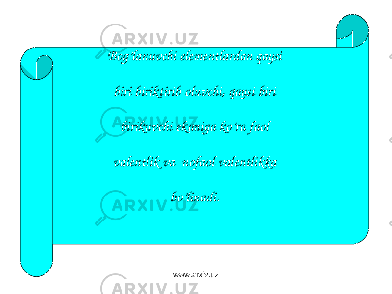  Bog’lanuvchi elementlardan qaysi biri biriktirib oluvchi, qaysi biri birikuvchi ekaniga ko’ra faol valentlik va nofaol valentlikka bo’linadi. www.arxiv.uz 