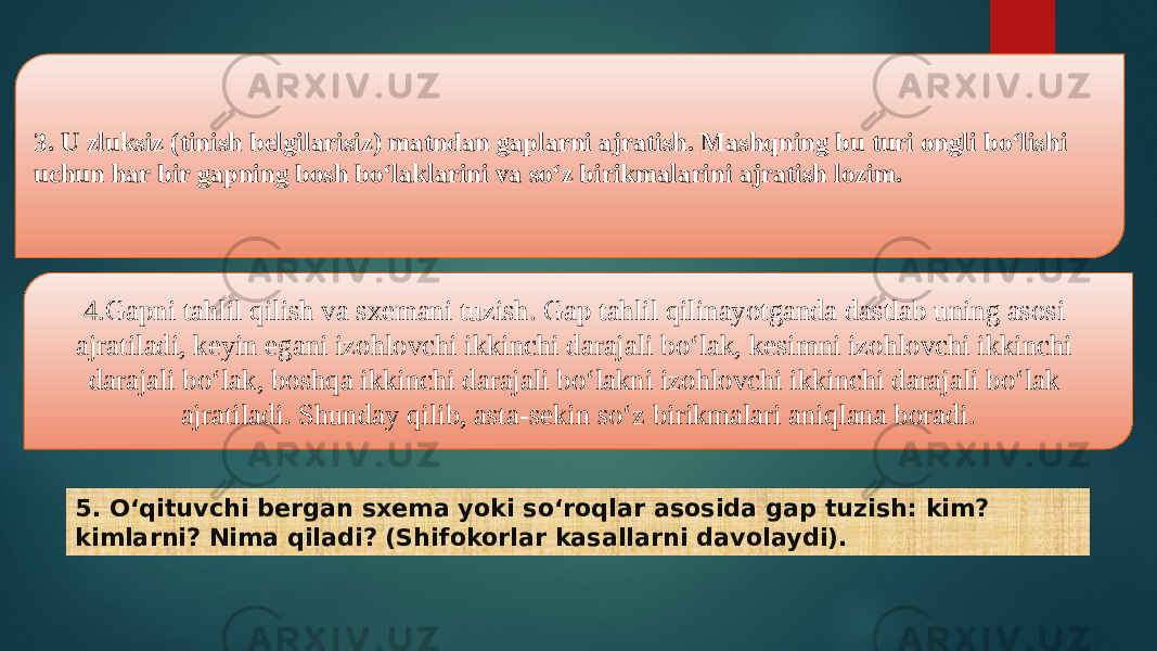 3. U zluksiz (tinish belgilarisiz) matndan gaplarni ajratish. Mashqning bu turi ongli bo‘lishi uchun har bir gapning bosh bo‘laklarini va so‘z birikmalarini ajratish lozim. 4.Gapni tahlil qilish va sxemani tuzish. Gap tahlil qilinayotganda dastlab uning asosi ajratiladi, keyin egani izohlovchi ikkinchi darajali bo‘lak, kesimni izohlovchi ikkinchi darajali bo‘lak, boshqa ikkinchi darajali bo‘lakni izohlovchi ikkinchi darajali bo‘lak ajratiladi. Shunday qilib, asta-sekin so‘z birikmalari aniqlana boradi. 5. O‘qituvchi bergan sxema yoki so‘roqlar asosida gap tuzish: kim? kimlarni? Nima qiladi? (Shifokorlar kasallarni davolaydi). 