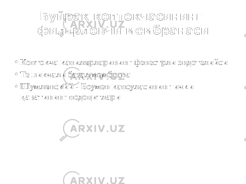 Буйрак коптокчасининг филтрловчи мембранаси • Коптокча капилярларининг фенестрли эндотелийси • Тешикчали базал мембрана • Шумлянский - Боумен капсуласининг ички қаватининг подоцитлари 