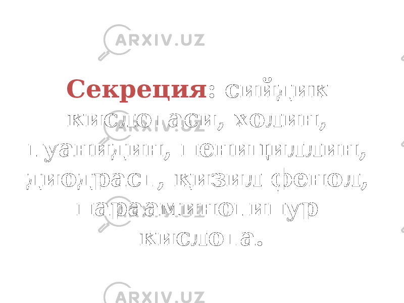 Секреция : сийдик кислотаси, холин, гуанидин, пенициллин, диодраст, қизил фенол, парааминогипур кислота. 