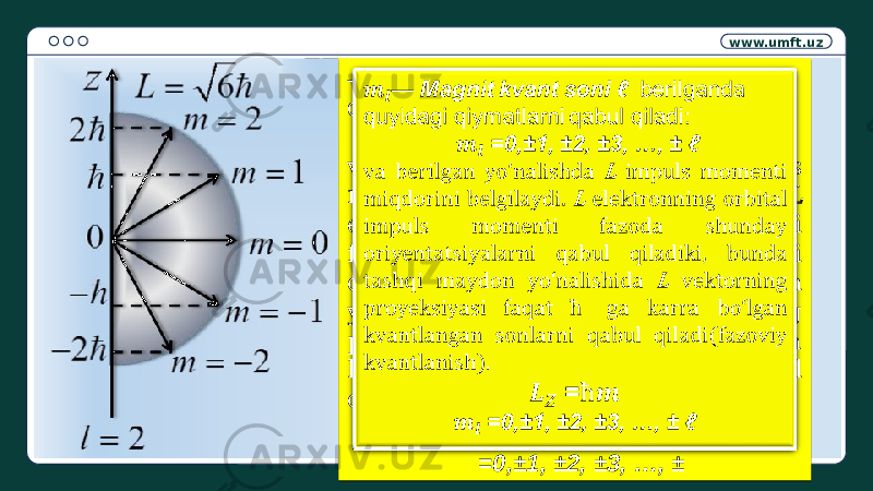 www.umft.uz — Magnit kvant soni berilganda quyidagi qiymatlarni qabul qiladi: =0,±1, ±2, ±3, …, ± va berilgan yo‘nalishda L impuls momenti miqdorini belgilaydi. L elektronning orbital impuls momenti fazoda shunday oriyentatsiyalarni qabul qiladiki, bunda tashqi maydon yo‘nalishida L vektorning proyeksiyasi faqat ga karra bo‘lgan kvantlangan sonlarni qabul qiladi(fazoviy kvantlanish). = =0,±1, ±2, ±3, …, ± — Magnit kvant soni berilganda quyidagi qiymatlarni qabul qiladi: =0,±1, ±2, ±3, …, ± va berilgan yo‘nalishda L impuls momenti miqdorini belgilaydi. L elektronning orbital impuls momenti fazoda shunday oriyentatsiyalarni qabul qiladiki, bunda tashqi maydon yo‘nalishida L vektorning proyeksiyasi faqat ga karra bo‘lgan kvantlangan sonlarni qabul qiladi(fazoviy kvantlanish). = =0,±1, ±2, ±3, …, ±    