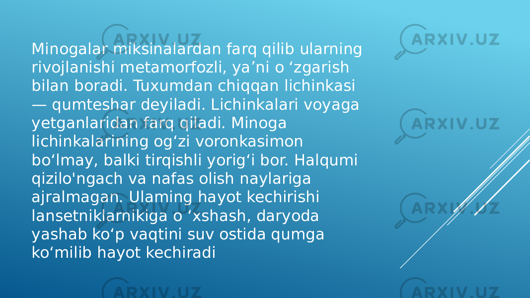 Minogalar miksinalardan farq qilib ularning rivojlanishi metamorfozli, ya’ni o ‘zgarish bilan boradi. Tuxumdan chiqqan lichinkasi — qumteshar deyiladi. Lichinkalari voyaga yetganlaridan farq qiladi. Minoga lichinkalarining og‘zi voronkasimon bo‘lmay, balki tirqishli yorig‘i bor. Halqumi qizilo&#39;ngach va nafas olish naylariga ajralmagan. Ulaming hayot kechirishi lansetniklarnikiga o ‘xshash, daryoda yashab ko‘p vaqtini suv ostida qumga ko‘milib hayot kechiradi 