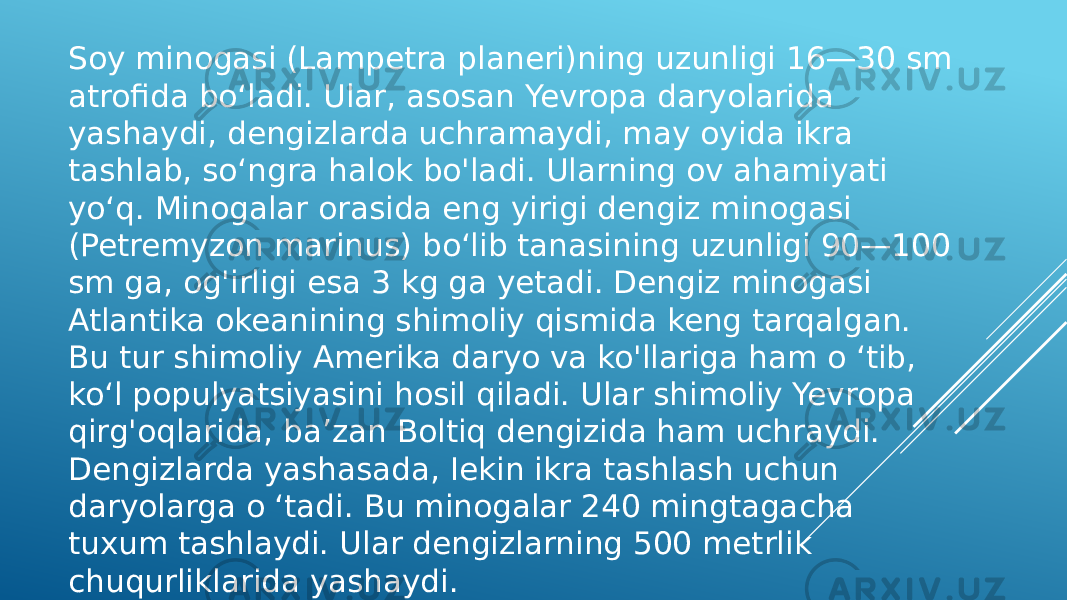 Soy minogasi (Lampetra planeri)ning uzunligi 16—30 sm atrofida bo‘ladi. Ular, asosan Yevropa daryolarida yashaydi, dengizlarda uchramaydi, may oyida ikra tashlab, so‘ngra halok bo&#39;ladi. Ularning ov ahamiyati yo‘q. Minogalar orasida eng yirigi dengiz minogasi (Petremyzon marinus) bo‘lib tanasining uzunligi 90—100 sm ga, og&#39;irligi esa 3 kg ga yetadi. Dengiz minogasi Atlantika okeanining shimoliy qismida keng tarqalgan. Bu tur shimoliy Amerika daryo va ko&#39;llariga ham o ‘tib, ko‘l populyatsiyasini hosil qiladi. Ular shimoliy Yevropa qirg&#39;oqlarida, ba’zan Boltiq dengizida ham uchraydi. Dengizlarda yashasada, Iekin ikra tashlash uchun daryolarga o ‘tadi. Bu minogalar 240 mingtagacha tuxum tashlaydi. Ular dengizlarning 500 metrlik chuqurliklarida yashaydi. 