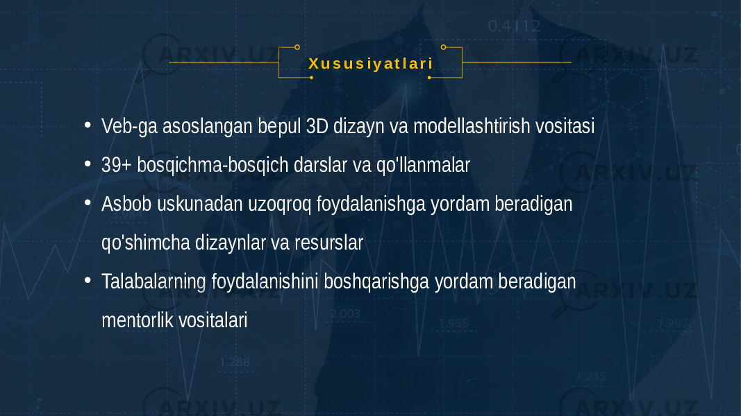 X u s u s i y a t l a r i • Veb-ga asoslangan bepul 3D dizayn va modellashtirish vositasi • 39+ bosqichma-bosqich darslar va qo&#39;llanmalar • Asbob uskunadan uzoqroq foydalanishga yordam beradigan qo&#39;shimcha dizaynlar va resurslar • Talabalarning foydalanishini boshqarishga yordam beradigan mentorlik vositalari 